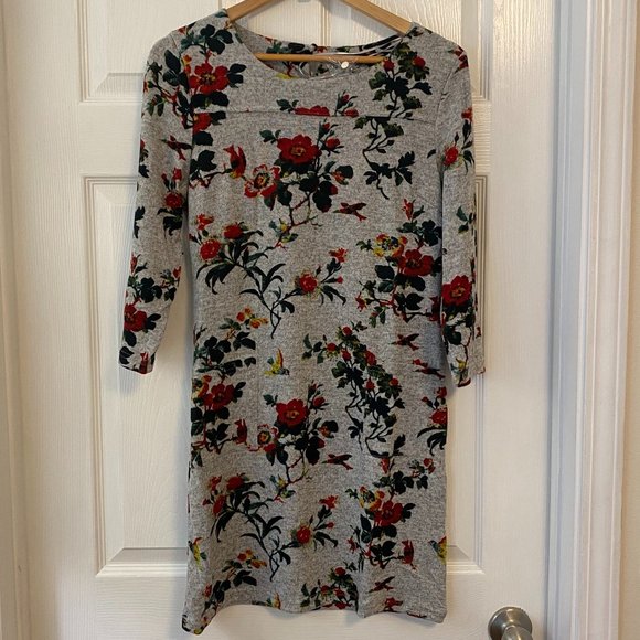 Papillon 3/4 Sleeve Sweater Dress in Grey Floral - Women's Medium - Picture 1 of 10